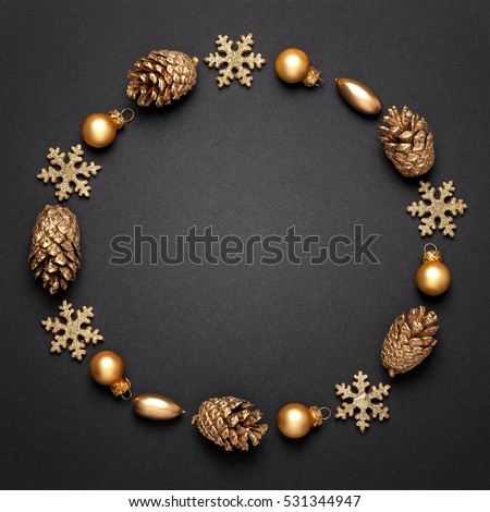 Similar – Image, Stock Photo Christmas composition. Round frame of red and golden Christmas baubles and festive ribbons on dark background, top view