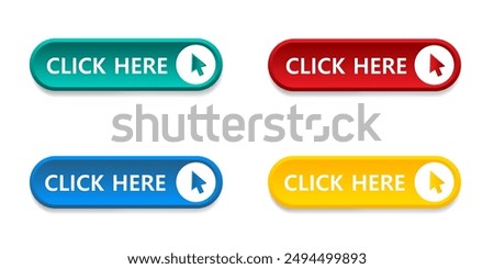 Click here arrow button click icon. Click here vector web button. Web button with arrow pointer action. Click here ui button concept. Vector illustration