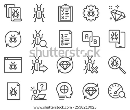 A simple set of vector line icons related to quality assurance. Contains icons such as UI testing, bug report, test case and more. Editable stroke.