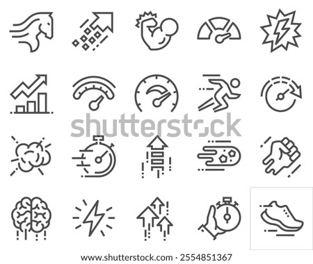 Simple set of productivity vector line icons. Contains icons such as power, speed, graph, sprint, boost, brain, gain and more. Editable stroke.