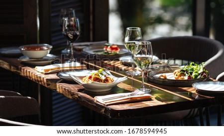 Similar – Image, Stock Photo Served table with plates and cutlery on napkin