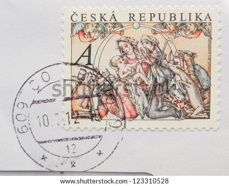 CZECH REPUBLIC, CIRCA 2011 - Christmas mail post stamp depicting the Holy Family in the manger, released in the Czech Republic, circa 2011