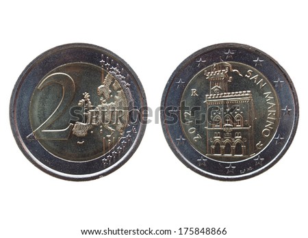Two euro (EUR) coin from the Republic of San Marino - legal tender of the EU - isolated over white background