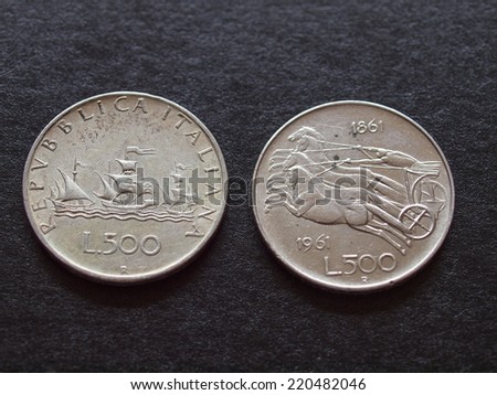 Italian liras silver coins dating back to the 1960s (1861-1961 anniversary of the unity of Italy and caravels coin, issued between 1958 and 1967)