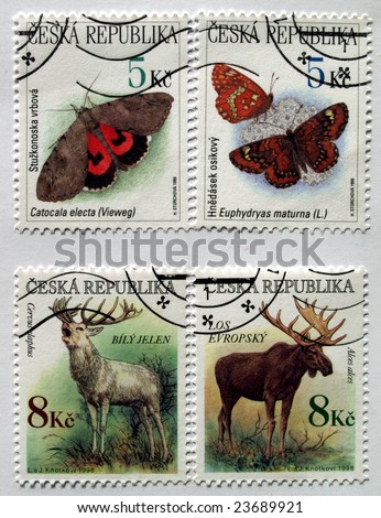 Czech Republic mail postage stamps with animals (deer, moose, butterfly)