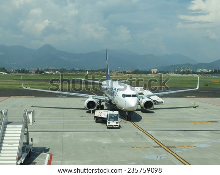 ORIO AL SERIO, ITALY - CIRCA SEPTEMBER 2014: Ryanair Jet airplane getting ready for take-off