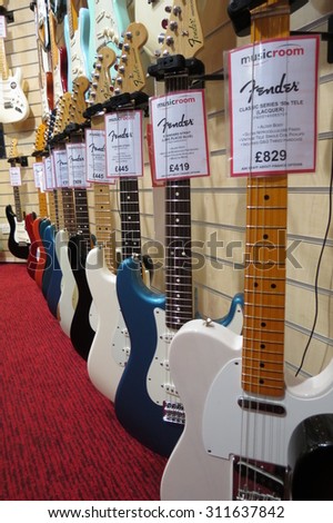 YORK, UK - CIRCA AUGUST 2015: Fender Telecaster and Stratocaster electric guitars for sale in a shop