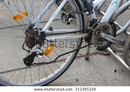 EDINBURGH, SCOTLAND, UK - CIRCA AUGUST 2015: Detail of a bicycle wheel and bush roller chain
