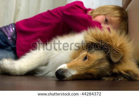 The girl plays with the big fluffy dog