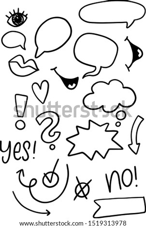 bubble, bang, mouth, yes, no, arrow, doodles, Bullet Journal, sketch, illustration, doodle, elements, design elements, comic, drawing, vector, line, isolated, set, symbol, direction, icons