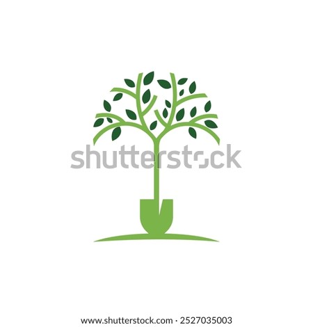 Landscape logo vector tree leaves and shovel. Concept tree shovel logo. Landscape gardener icon. Gardening service emblem. landscaping company symbol. Vector illustration.