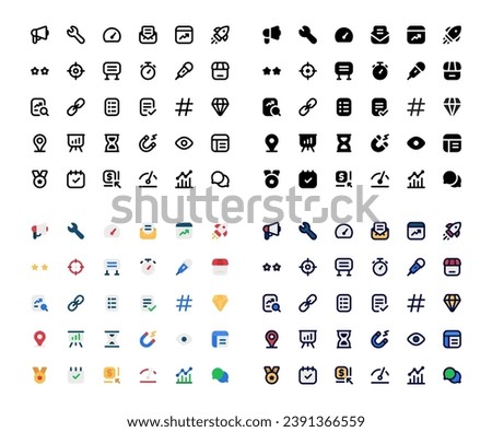 SEO and Marketing icon set, set of analytics, billboard, calendar, chat, link, dashboard, diamond, rocket and more