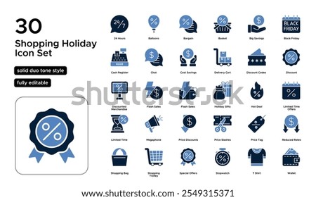 Shopping Holiday Solid Duo Tone Icon Set: Retail Events, Bargain Hunting, and Festive Shopping Icons