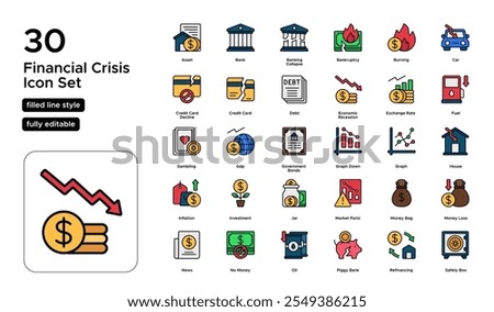 Financial Crisis Filled Line Icon Set: Market Collapse, Bankruptcies, and Economic Downturn Icons