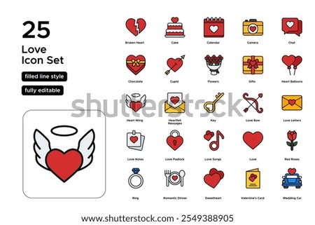 Love Filled Line Icon Set: Affection, Relationships, and Emotional Connections Icons