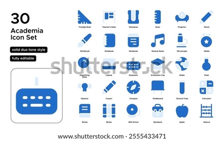 Academia Solid Fill Duo Tone Icon Set: Universities, Research, and Higher Learning Icons