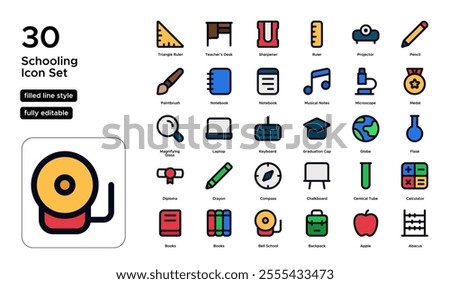 Schooling Filled Line Icon Set: Classrooms, Curriculum, and Educational Resources Icons