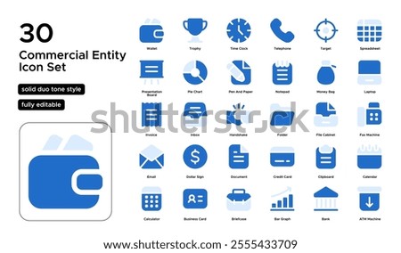 Commercial Entity Solid Fill Duo Tone Icon Set: Trade, Markets, and Business Development Icons