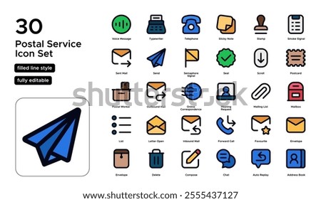 Postal Service Filled Line Icon Set: Mail Delivery, Post Offices, and Parcel Services Icons