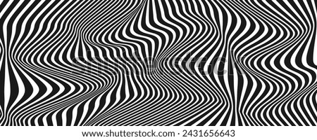 Black and white abstract background. Waves shape decoration. Optical illusion stripes style. Modern graphic design element with distorted lines concept for web, poster, flyer, card cover, or brochure