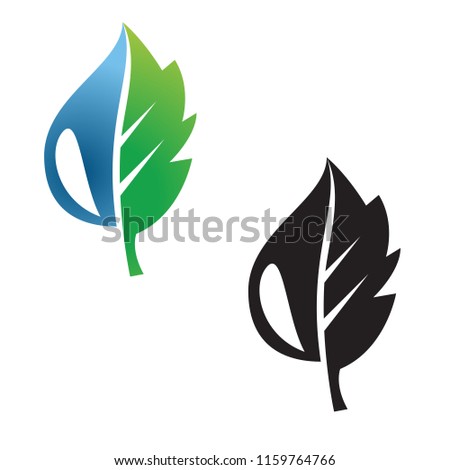 Leaf and droplet icon consisting of half a leaf and half of a water drop. The concept of naturalness, purity, organic, etc. Two variants of execution of vector illustration: color and black and white
