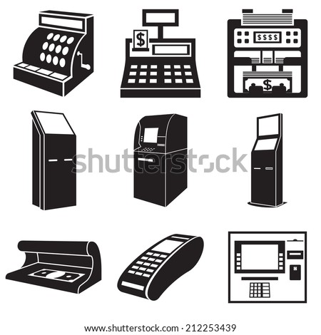 Icons of devices for money: cash register, bill counter, ATM, payment terminal, currency detector. Vector illustration