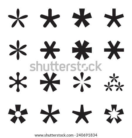 Asterisk (footnote, star) icons set. Black icons isolated on white background. Vector illustration