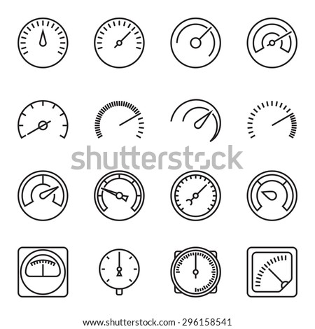 Meter icons. Symbols of speedometers, manometers, tachometers etc. Linear vector illustration
