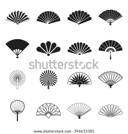 Collection of handheld fan icons isolated on a white background. Icons of folding and rigid fans. Vector illustration. 