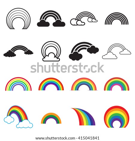 Black and colored rainbow icons. 16 different rainbow symbols isolated on a white background. Vector illustration