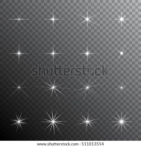 Collection of light effects: glints (sparkles) as reflection of light from brilliant, glass objects and light flares. Vector transparent illustration