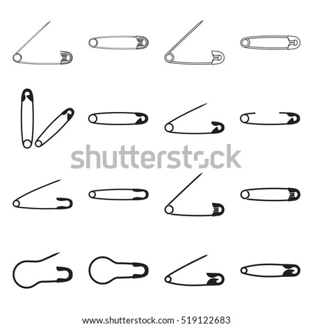 Collection of safety pin icons, plus realistic safety pins. Vector illustration