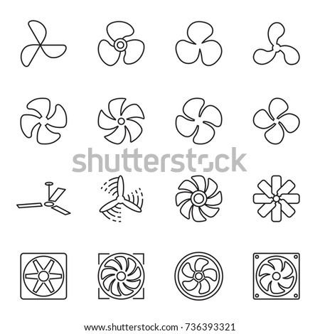 Fan icons. Collection of 16 linear symbols isolated on a white background. Vector illustration. Editable stroke