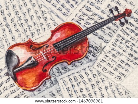  Violin instrument and music notes sheets  