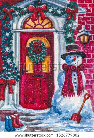 Snowman is standing at the red door decorated for Christmas.
