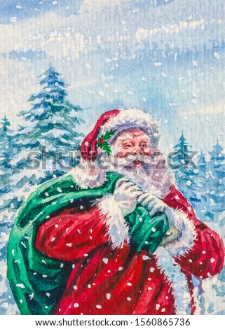 Santa Claus holding a bag with presents. Gifts for Christmas. Cold winter season with snow.