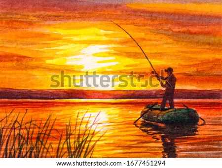Fisherman fishing from a boat. Fishing rod. Sunset on the lake or river. Watercolor painting.