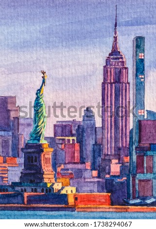 New York city. Statue of Liberty. View on downtown building NYC. Beautiful sunset light. Watercolor painting. Watercolor paper texture.