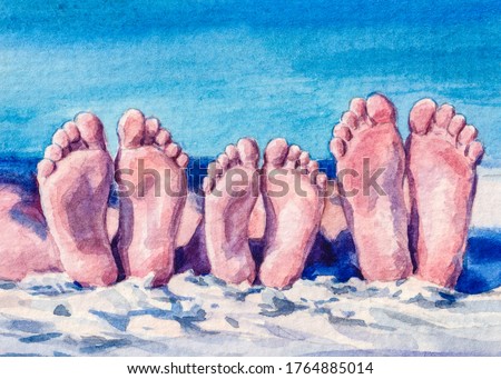 Summer vacation. Family feet. Relaxation on the ocean beach. Watercolor Painting