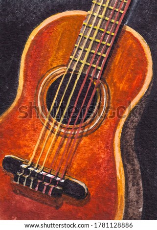 Acoustic guitar. Musical instrument. Guitar strings. Watercolor painting