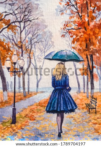 Woman walking with umbrella in the rain.  Autumn park. Fall trees with red foliage. Watercolor painting. 