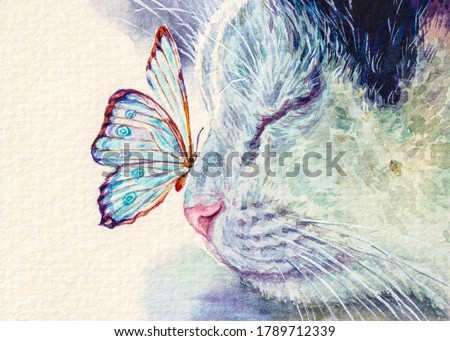 Cat and butterfly on nose. Cute kitten sleeping with insect. Home pet. Watercolor painting.
