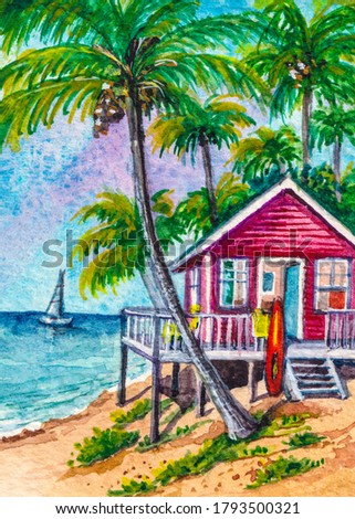Summer vacation on the Ocean beach. Cabin or hotel for relaxing on ocean shore. Beautiful tropical nature. Seascape with palm trees. Watercolor painting. 