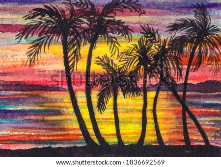 Silhouette palm tree. Colorful ocean sunset. Beach Shore. Tropical nature. Watercolor painting.