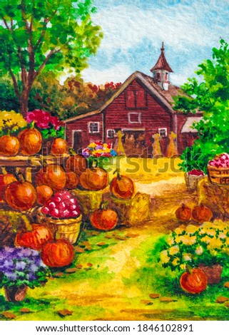 Farm with red bard. Autumn harvest. Pumpkin decorations. Farmers market. Watercolor painting.