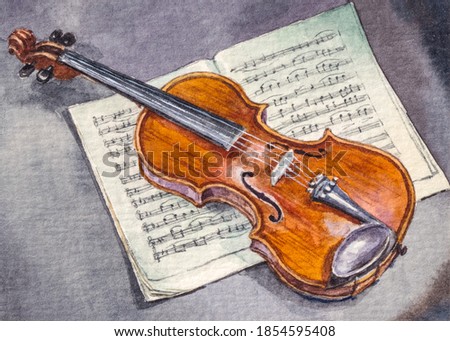 Violin instrument and music notes sheets. Acoustic classical Violin. Watercolor painting.  