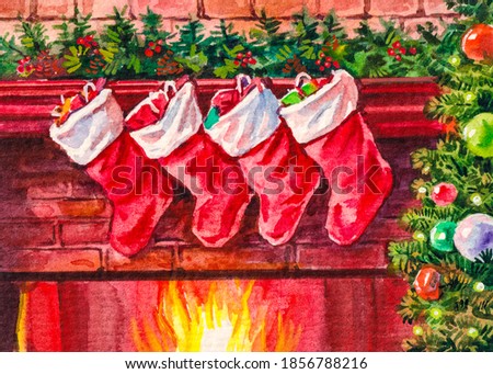 Fireplace decorated with red stockings in the living room. Christmas tree decoration for holiday. Happy New Year. Watercolor painting. 