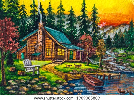 Country Log house. Cabin for camping. Holidays in the mountains. Beautiful forest nature. Watercolor painting. Acrylic drawing art.