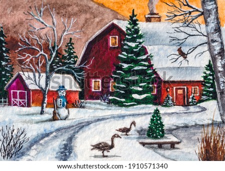 Farm barn. Red country house. Snowy Winter forest. Snowman and farm animals. Watercolor painting. Acrylic drawing art.