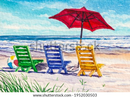 Beach Chair and umbrella. Ocean shore. Spring break or Summer vacations. Beautiful seascape. Watercolor painting. Acrylic drawing art. Hand painted A piece of art.